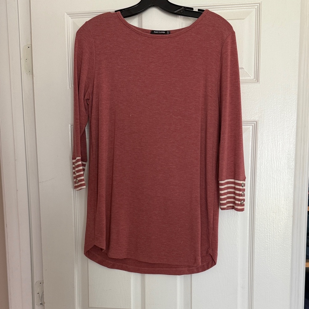Pink Clover Dusty Rose Long Sleeve Top with Striped Cuffs
